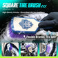 Square tire brush in gloved hand with flexible purple bristles on tread