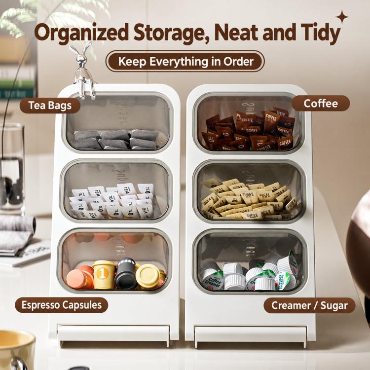 White 3-tier slant storage box with compartments for tea bags, coffee, espresso capsules, and more