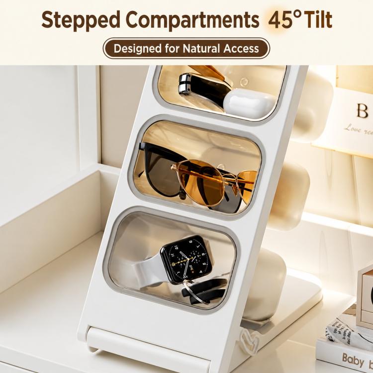 White slant countertop organizer with three open bins for capsules, tools, or small items