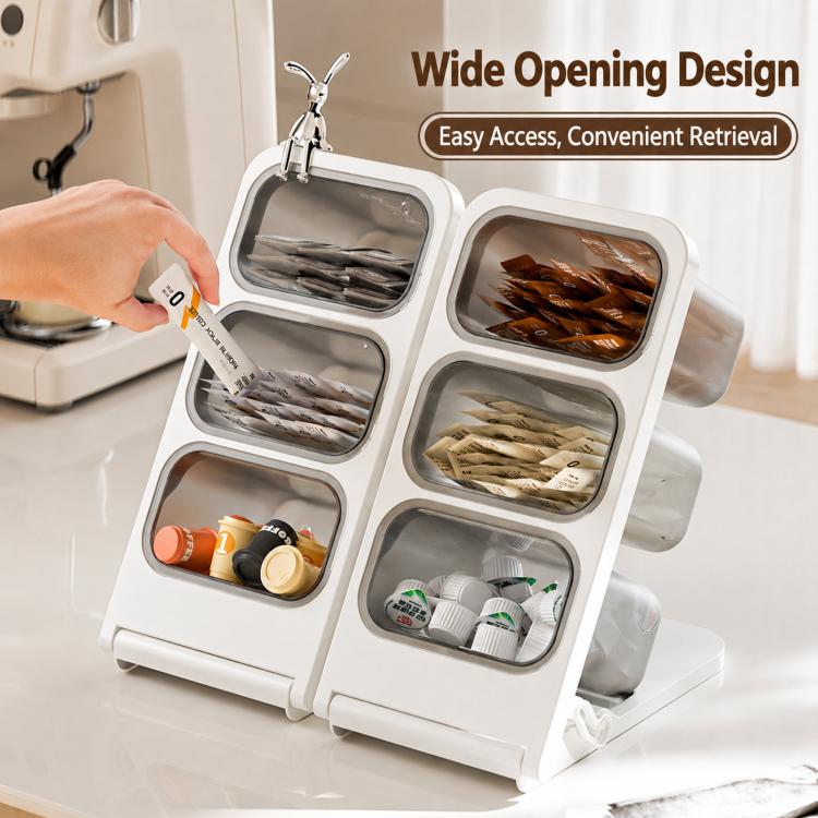 White 3-tier organizer with wide openings and a hand placing items in compartments