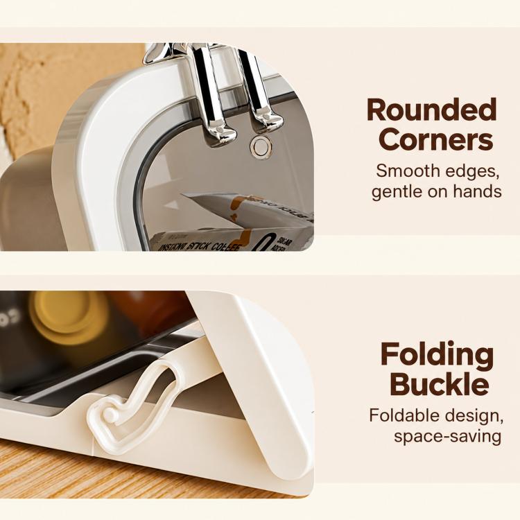 White foldable organizer with rounded edges and a fold-down buckle latch