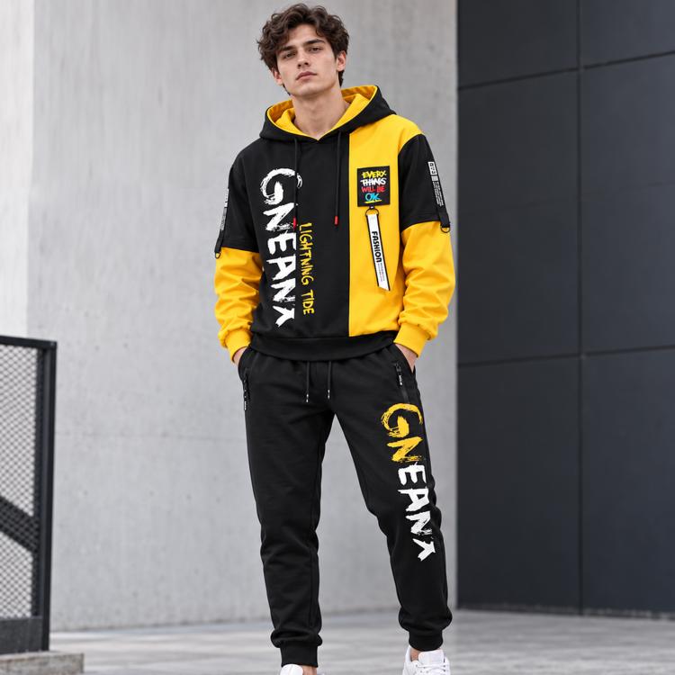 Two-piece teen hoodie and jogger set, yellow and black with “ENAM” graphic lettering