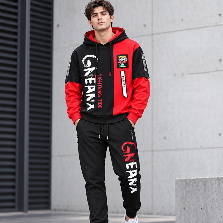 Two-piece teen hoodie and jogger set, red and black with “ENAM” graphic print