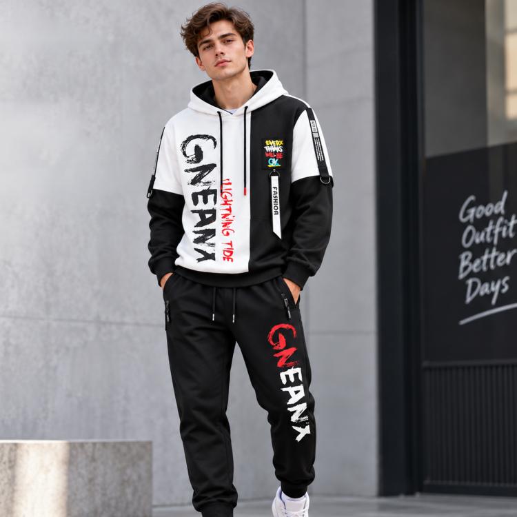 Two-piece teen hoodie and jogger set, white and black colorblock with “ENAM” graphics