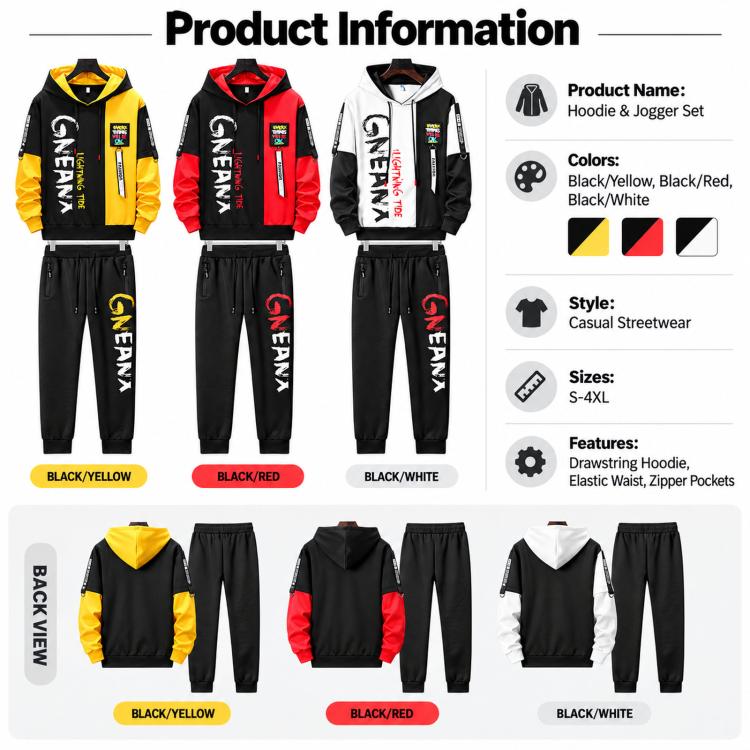 Hoodie and jogger set size and color chart: black/yellow, black/red, black/white