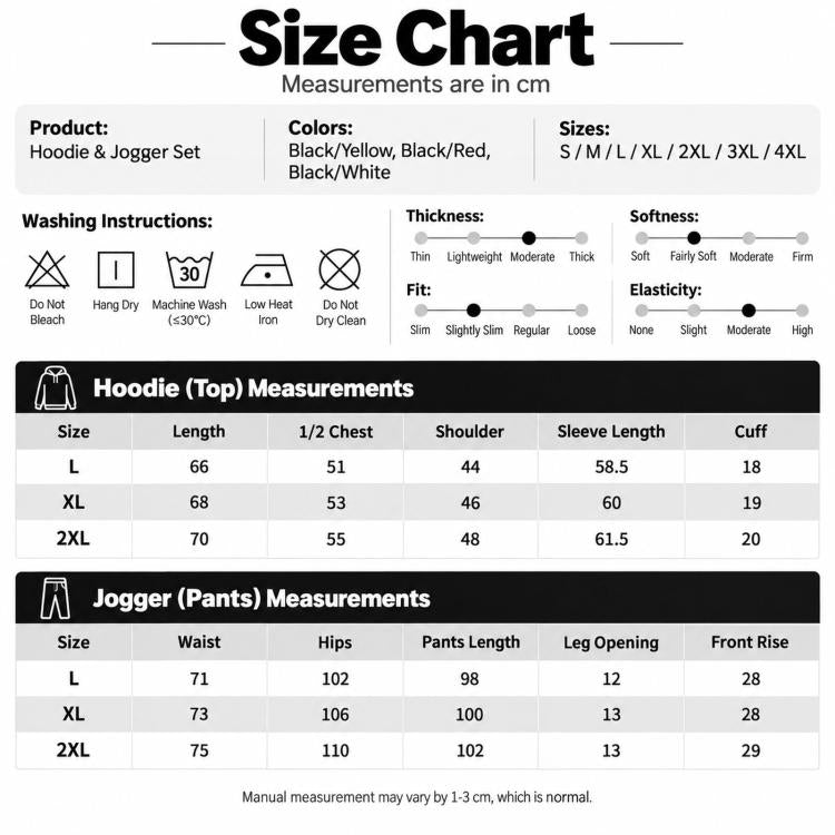 Size chart for hoodie and jogger set with measurements, fit, softness, and thickness