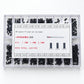 Clear micro screw kit box with labeled compartments and assorted black screws
