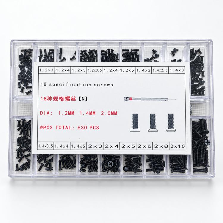 Clear micro screw kit box with labeled compartments and assorted black screws