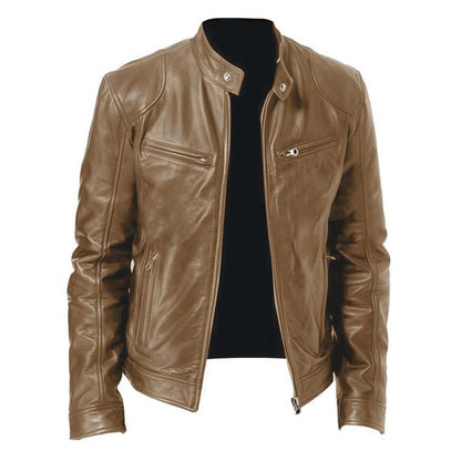 Khaki PU motorcycle jacket with stand collar, front zip, and multiple zip pockets