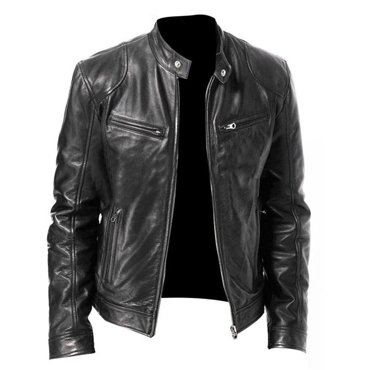 Black PU motorcycle jacket with stand collar, front zip, and multiple zip pockets