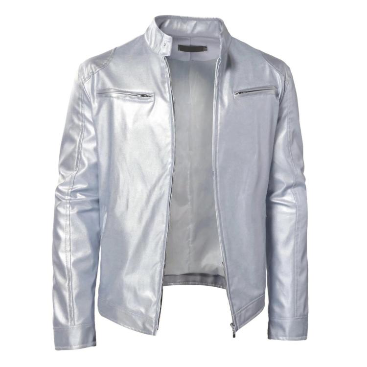 Silver PU motorcycle jacket with stand-up collar and front zip, with chest pockets