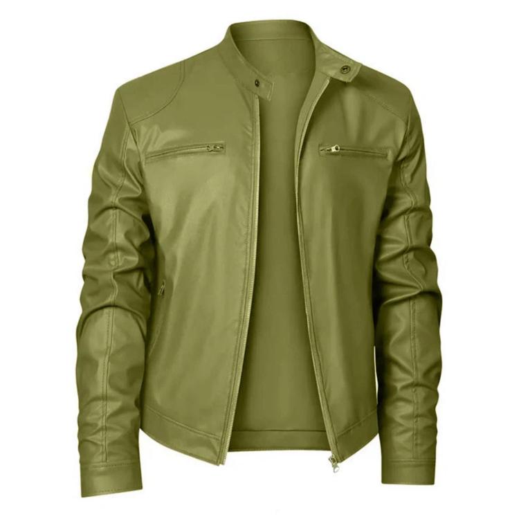 Khaki green PU motorcycle jacket with stand collar, zip front, and chest zip pockets