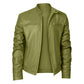 Khaki green stand-collar PU motorcycle jacket with zip front and chest zipper pocket