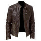 Brown PU motorcycle jacket with stand collar, front zipper, and side seam zip pockets