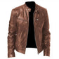 Brown PU motorcycle jacket featuring stand collar, zip front, and two chest zip pockets