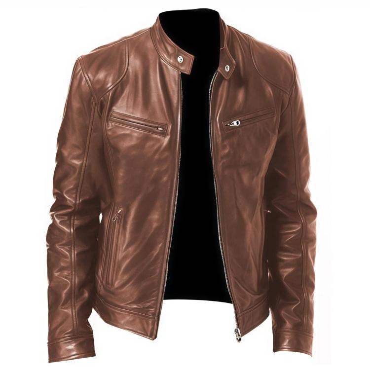 Brown PU motorcycle jacket featuring stand collar, zip front, and two chest zip pockets