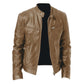 Khaki leather-look motorcycle jacket with stand-up collar, front zipper, and zip storage