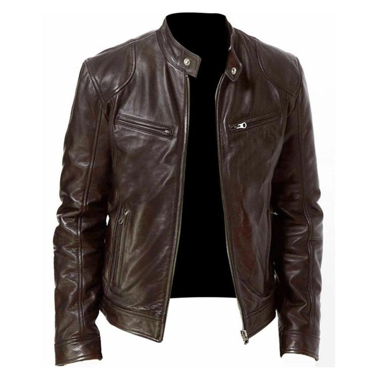 Brown PU motorcycle jacket with stand collar, front zip, and long sleeves