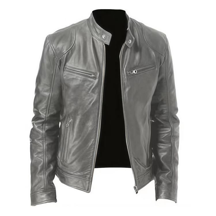 Silver PU motorcycle jacket with stand collar, zip front, and two chest zip pockets