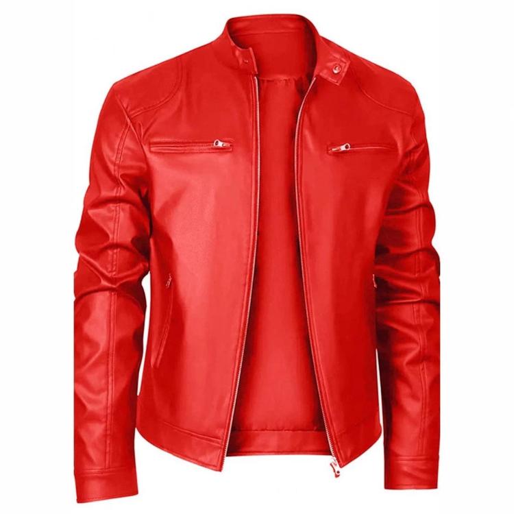 Red PU zip-up motorcycle jacket with stand-up collar and chest zipper pockets
