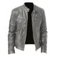 Dark silver PU biker jacket with stand-up collar, zip closure, and two chest pockets