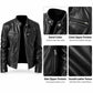 Black leather-style jacket details: stand collar, chest zip pockets, side zip pockets