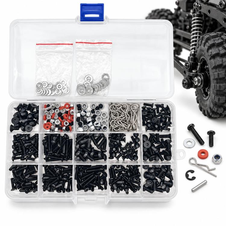 RC hardware assortment kit in clear compartment organizer with blue latch and mixed screws