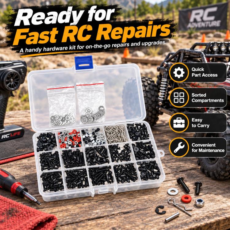 Clear plastic RC repair hardware case with blue latch, compartments, and assorted screws