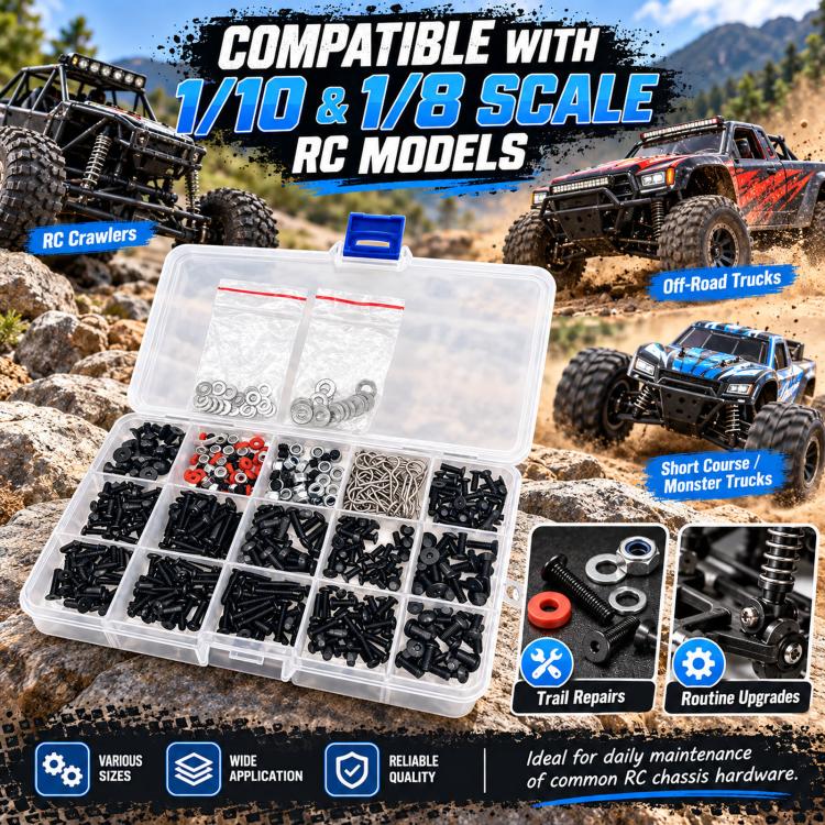 RC hardware assortment organizer case with blue latch holding multiple screw and nut types