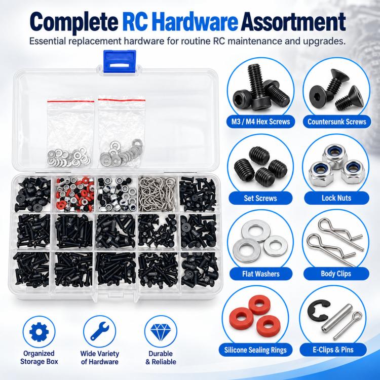 RC screw kit organizer with assorted hex screws, lock nuts, washers, and body clips