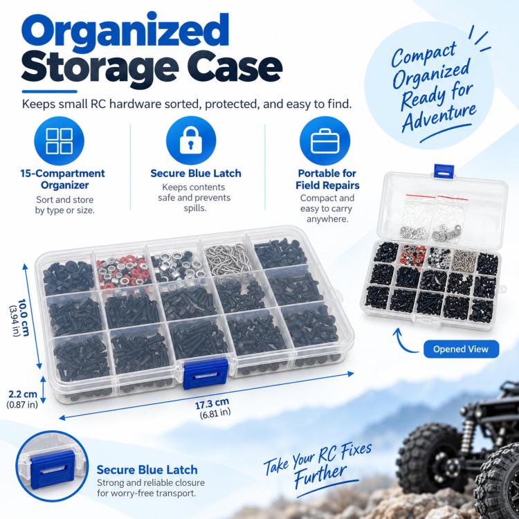 Open RC hardware organizer case with grid compartments and blue latch, assorted fasteners inside