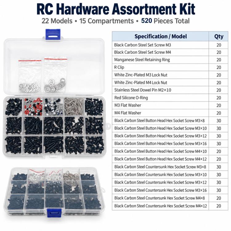 RC hardware assortment kit case with blue latch and divided compartments holding assorted parts