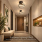 Black LED ceiling light with circular ring diffuser, installed on hallway ceiling