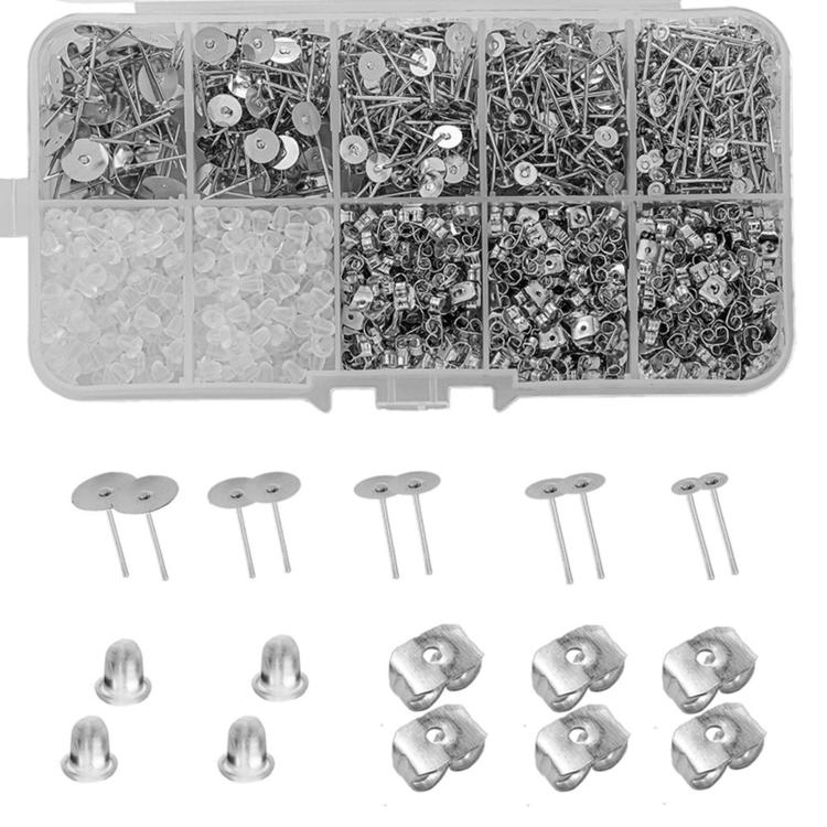 Earring Posts And Backs Kit Flat Pad Stud Earring Findings With Butterfly & Bullet Backs