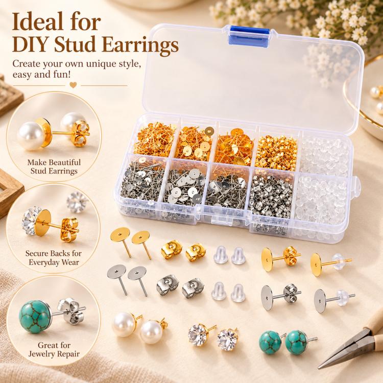 Earring Posts And Backs Kit Flat Pad Stud Earring Findings With Butterfly & Bullet Backs