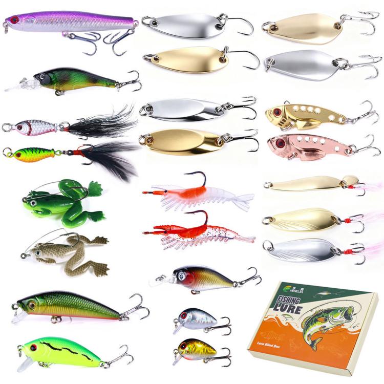 Assorted fishing lures set in purple, silver, gold, and green with treble hooks