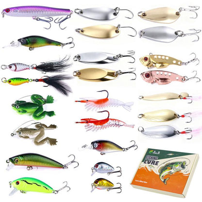 Assorted fishing lures set in purple, silver, gold, and green with treble hooks