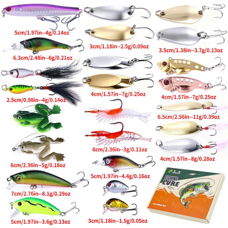 Assorted fishing lures set with labeled sizes, hard and soft baits in assorted colors