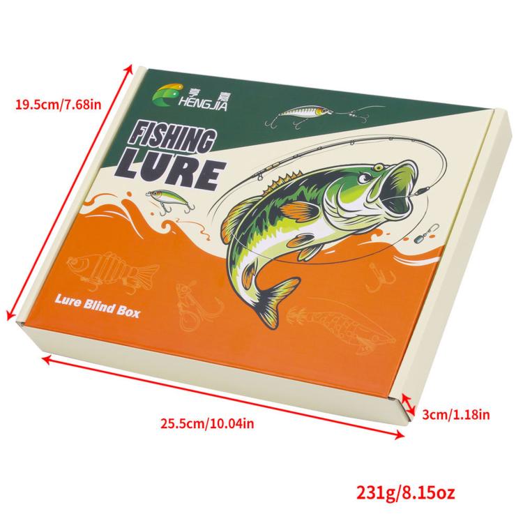 Fishing lure blind box packaging with logo art and size measurement labels