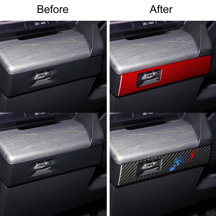Decorative door trim sticker installed in red and carbon fiber-look (before/after)