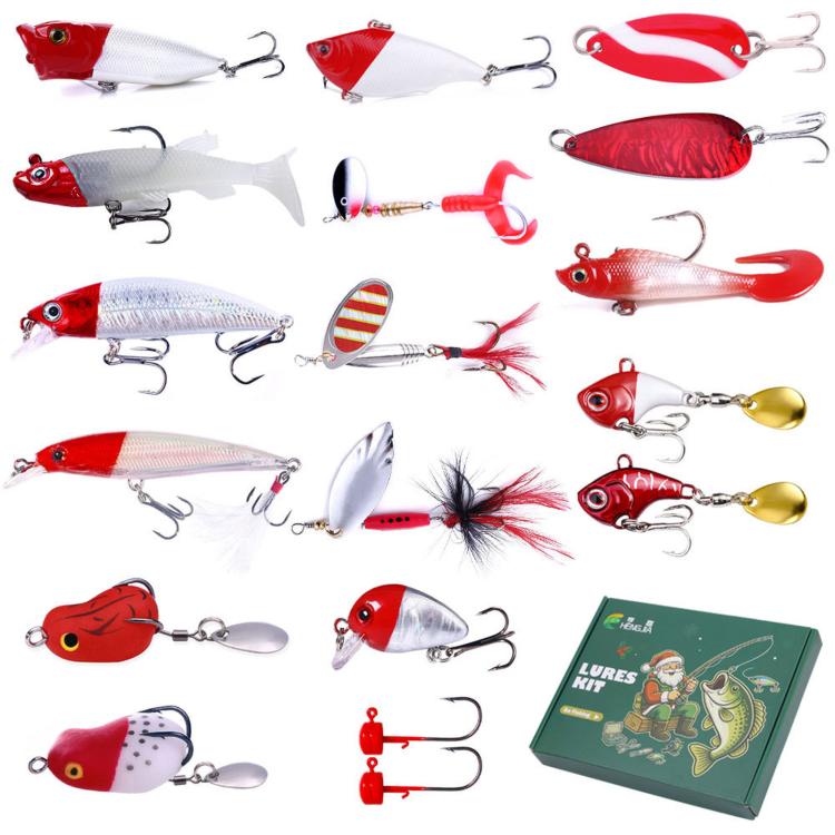 Christmas fishing lure assortment with red-and-white soft baits and hooks