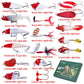 Assorted Christmas fishing lures in red, white, and gold with treble hooks