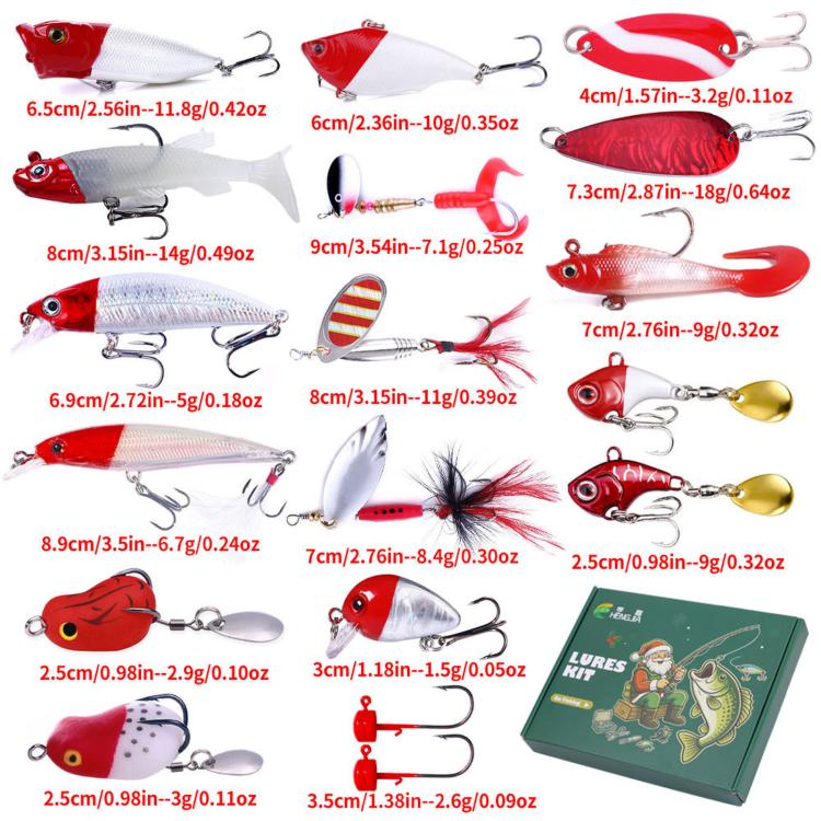 Assorted Christmas fishing lures in red, white, and gold with treble hooks