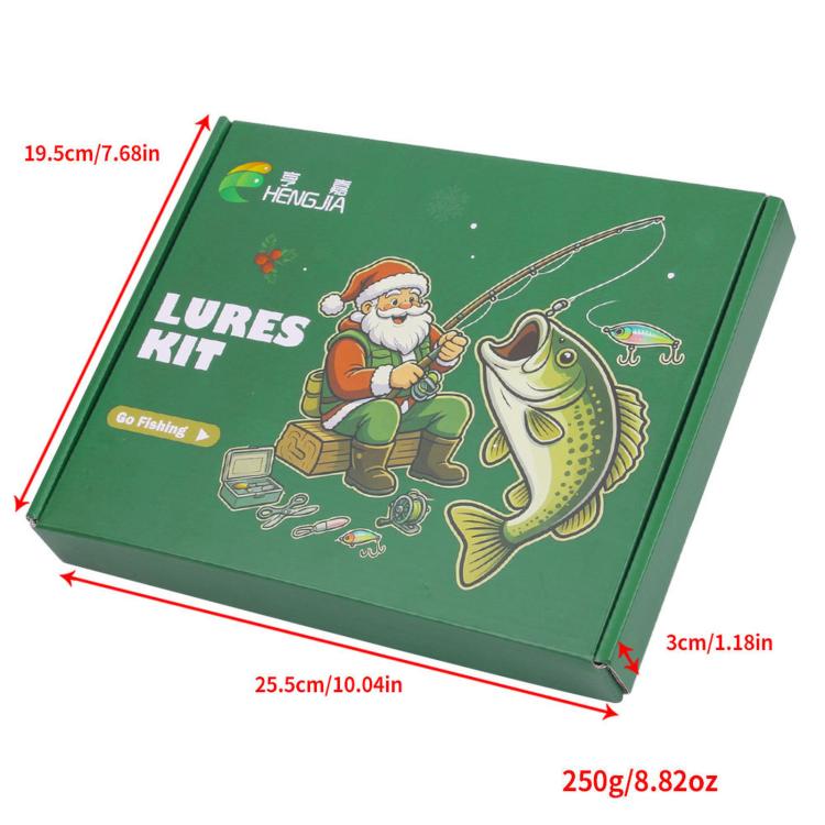 Green lure kit advent calendar box with fisherman graphic and fishing illustration