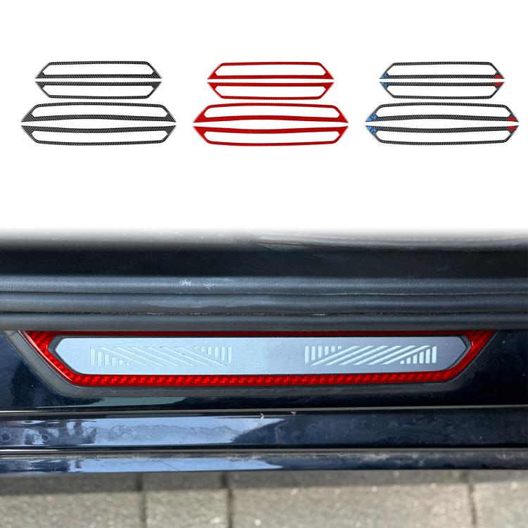 Door sill decorative sticker set, three color designs: silver/black, red, and blue.
