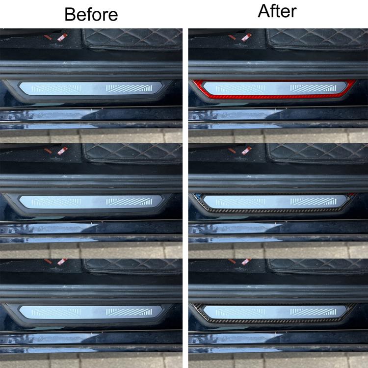 Installed door sill decorative stickers on car sill, red-outlined trim detail.
