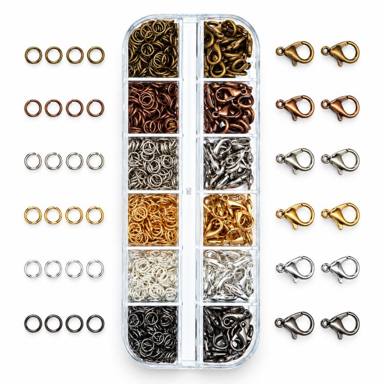 Jewelry findings kit with lobster clasps and open jump rings in mixed metal finishes