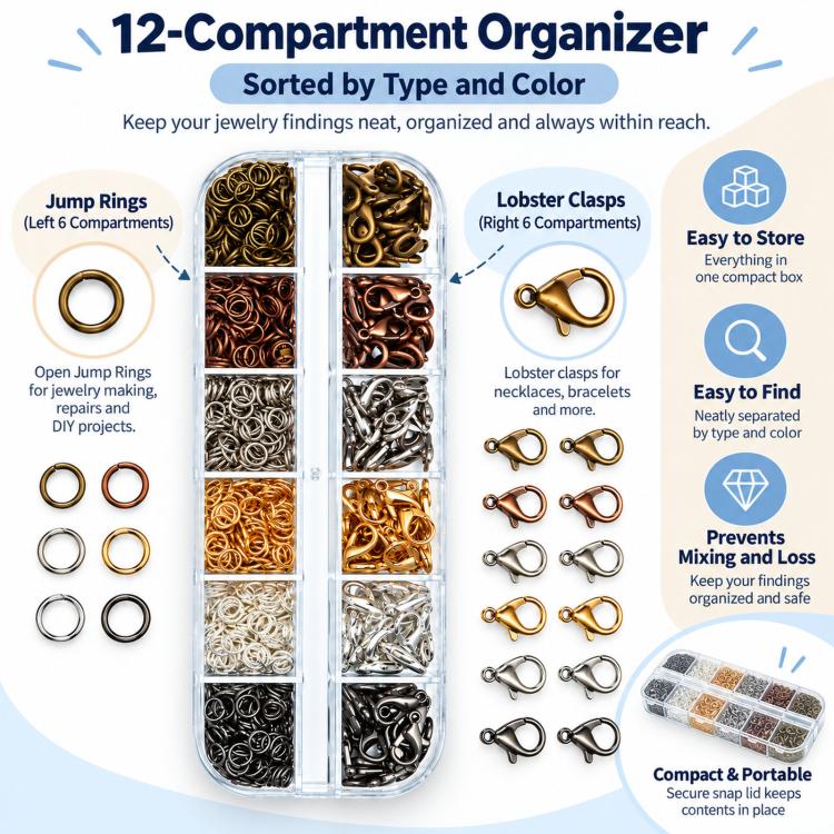 12-compartment jewelry findings organizer with lobster clasps and open jump rings