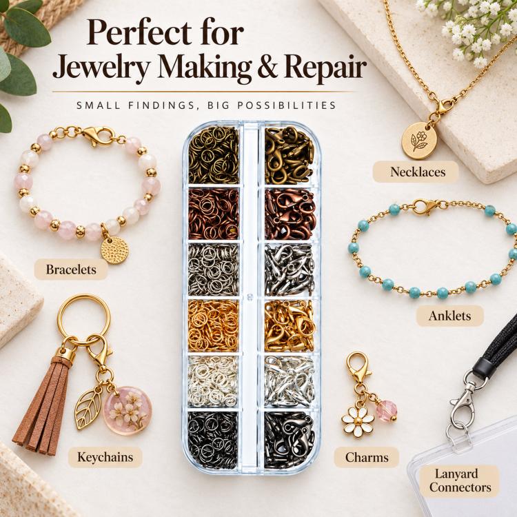 Jewelry findings kit shown with lobster clasp and jump ring components for repairs