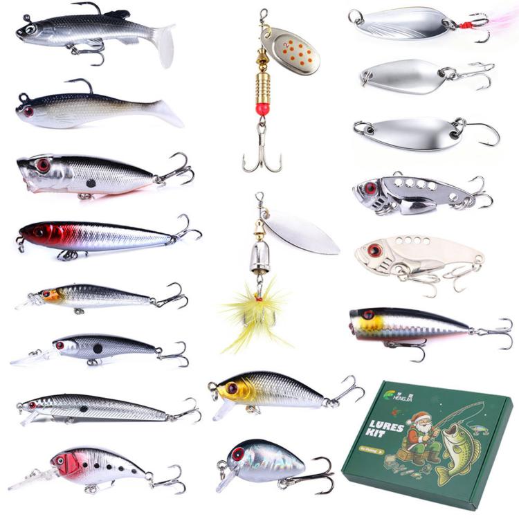 18 PCS/Box HENGJIA Fishing Lures Kit Multi-Type Hard Soft Baits Tackle Box Set
